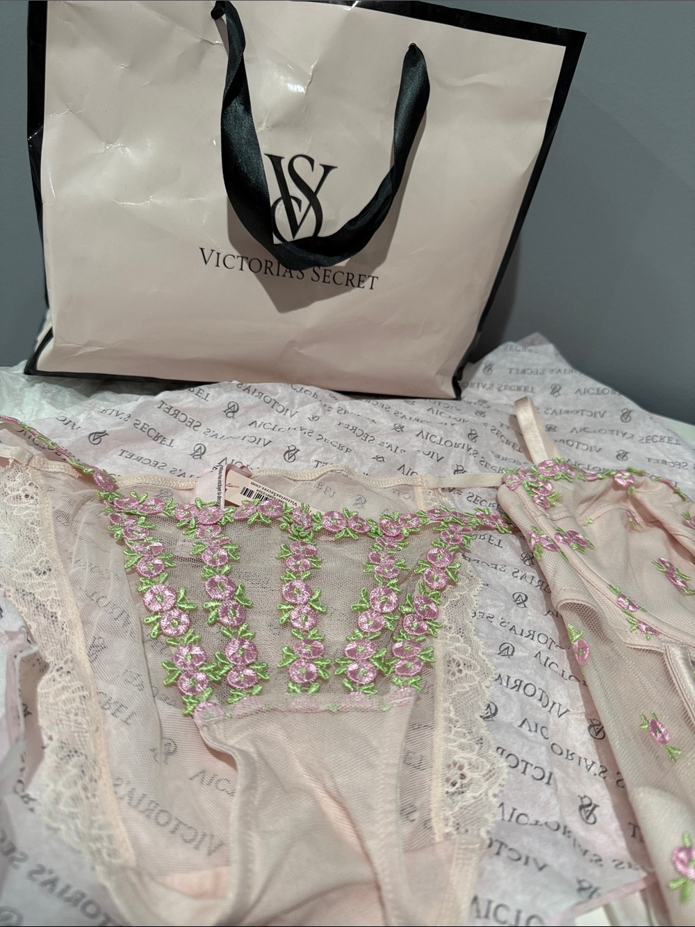 Victoria's Secret Pink Floral Embroidered Lace Bra & Panty Set